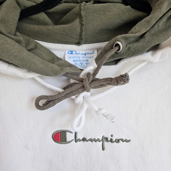Champion Women's Double Hooded Cream & Army Green Reverse Weave Hoodie - Picture 3 of 4